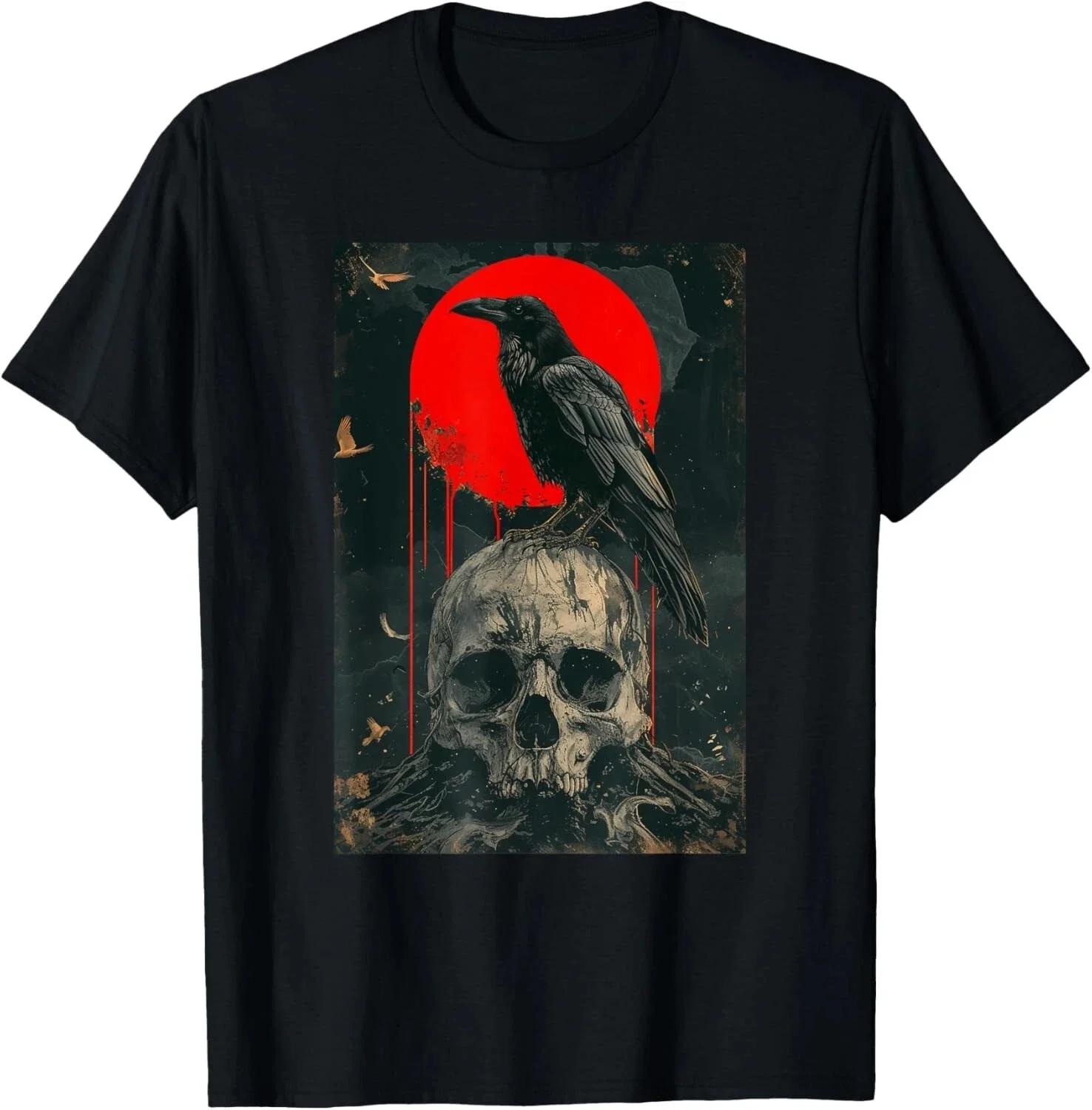 

Men s black crow standing skull pattern printed 100% pure cotton short-sleeved T-shirt, terrifying Harajuku clothing top 4XL