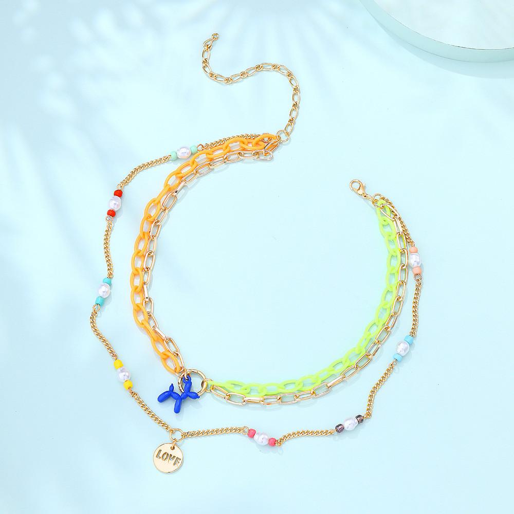 Contemporary Geometric Dog Pendant Necklace Featuring Colorful Soft Clay Flowers