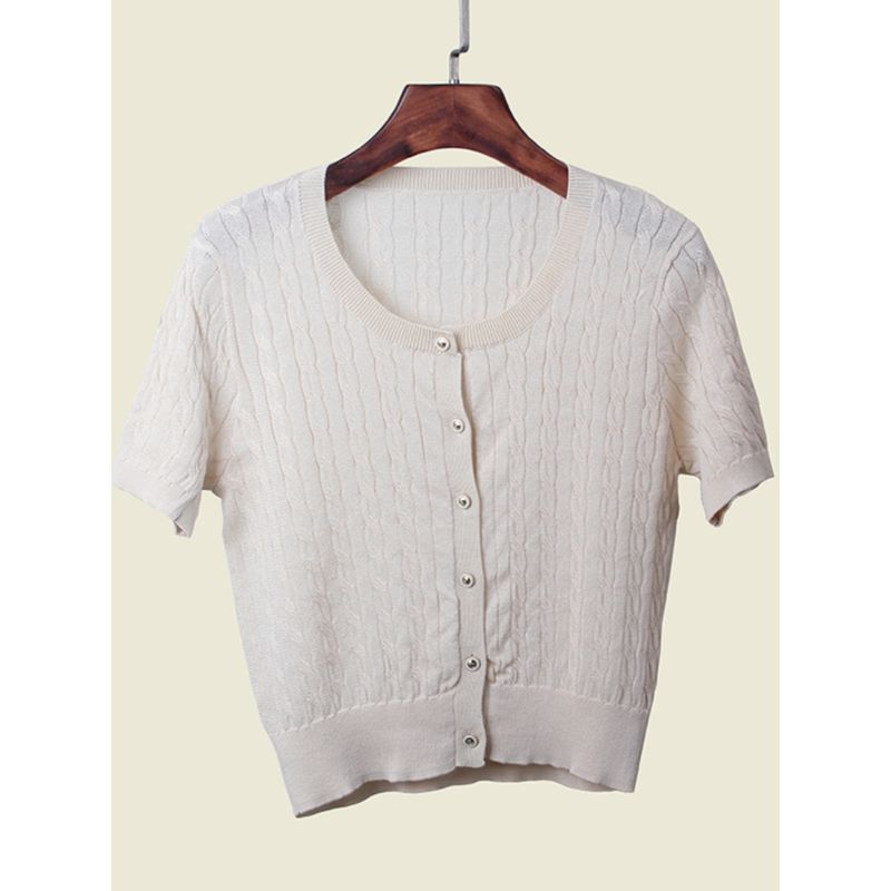 Linen Low round Neck Classic Style Short Sleeve Cardigan Summer Cable Stitch Texture Pure Color Refreshing Elegant Simple Knitwear