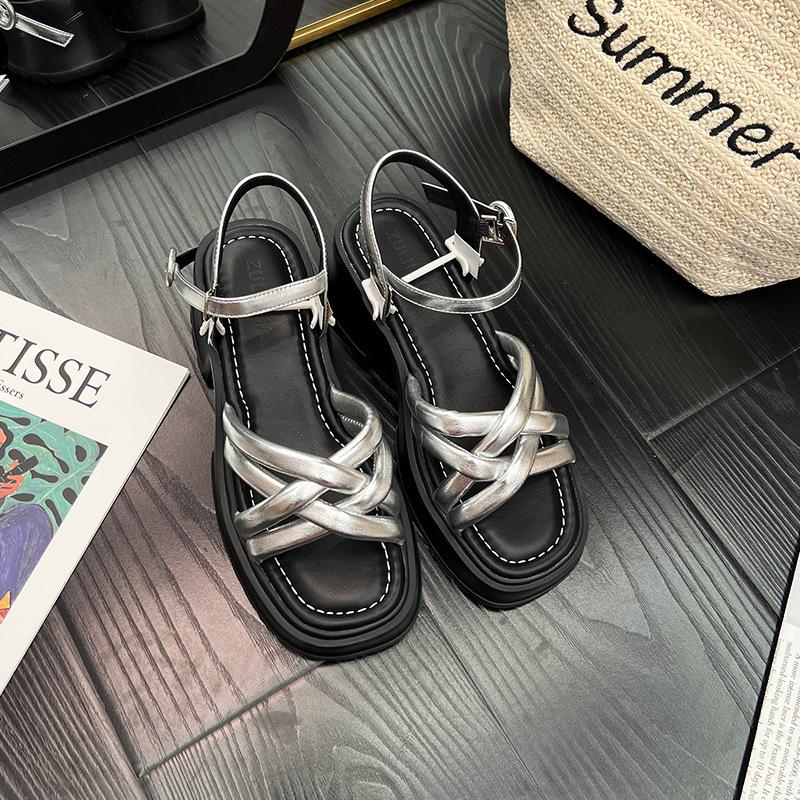 Soft puff 6cm~ Cross with open-toed casual bread sandals women's summer new small size thick-soled heightening shoes