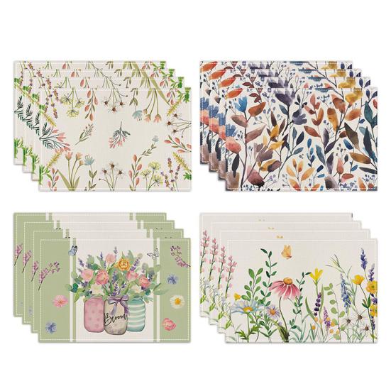 4Pcs Floral Linen Placemats 30x45cm Washable Reusable Heat-Resistant Table Mats with Plant Flower