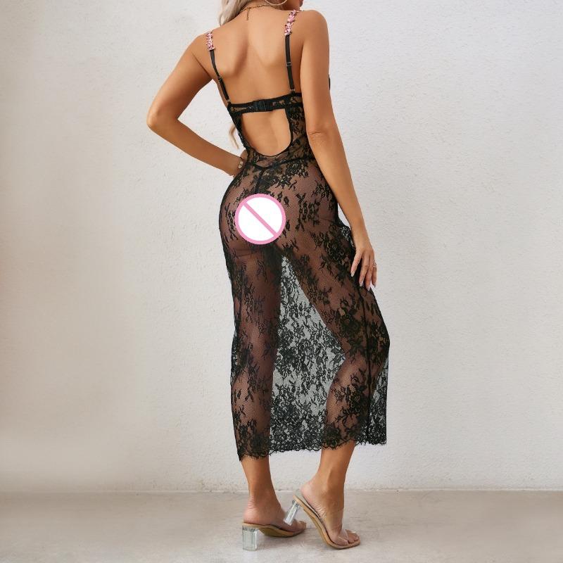 2 Piece Hot Sexy Lingerie Sets Transparent Lace Nightgown and Thong Evening Erotic Babydoll Temptation Long Underwear Nightdress