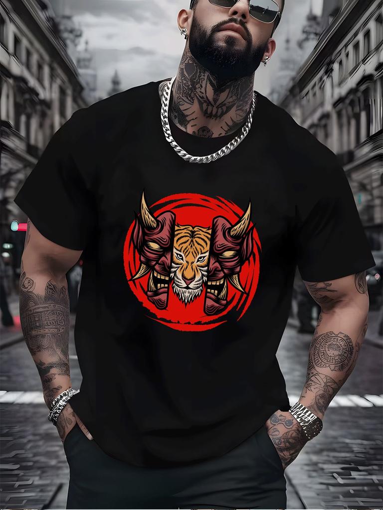 Unisex Black Crew Neck Tee Hannya Tiger Head Print Oversized Short Sleeve Unisexs Summer Streetwear Casual Daily Basic Wear Top