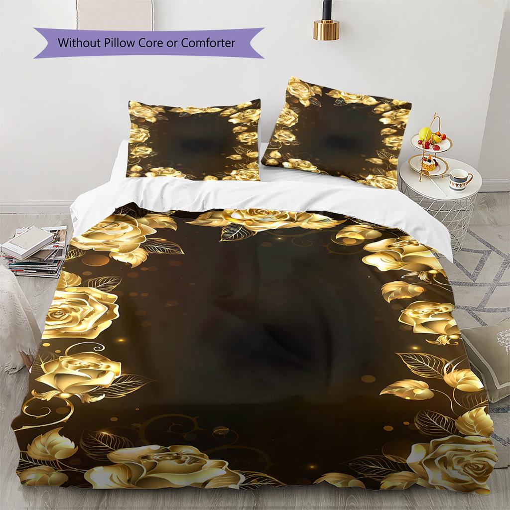 Golden Flower Pattern Bedding Quilt Set Quilt Cover Pillowcase Home Decoration Gift (1 * Duvet Cover + 2 * Pillowcase, Without Core)