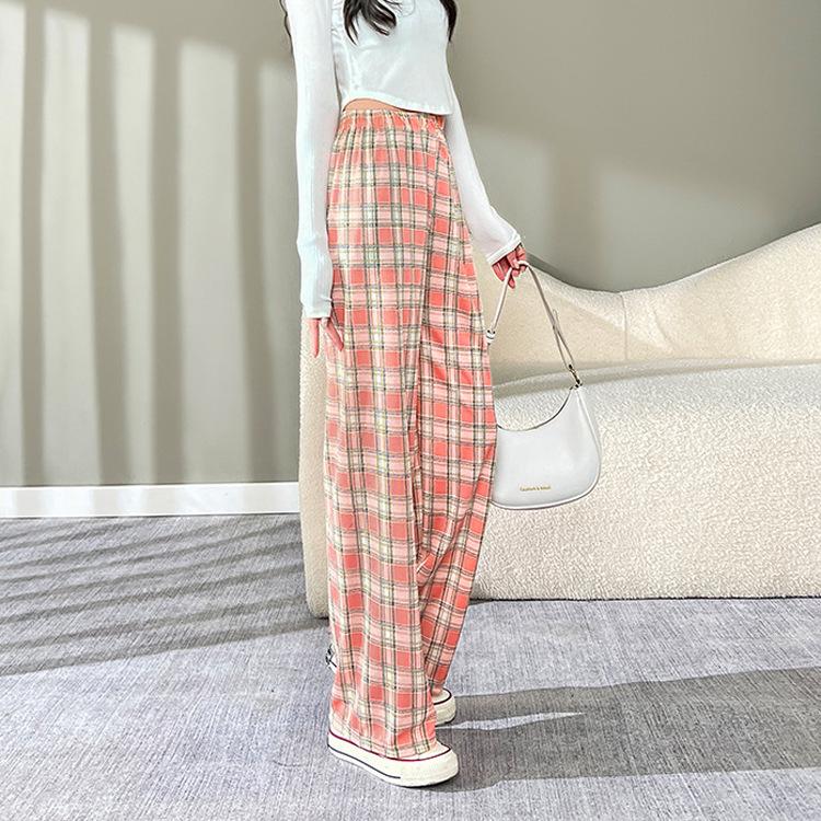 Women's High-Waist Black & White Plaid Wide-Leg Pants - Slim, Versatile, Casual, Loose, with Velvet, Ideal for Autumn and Winter