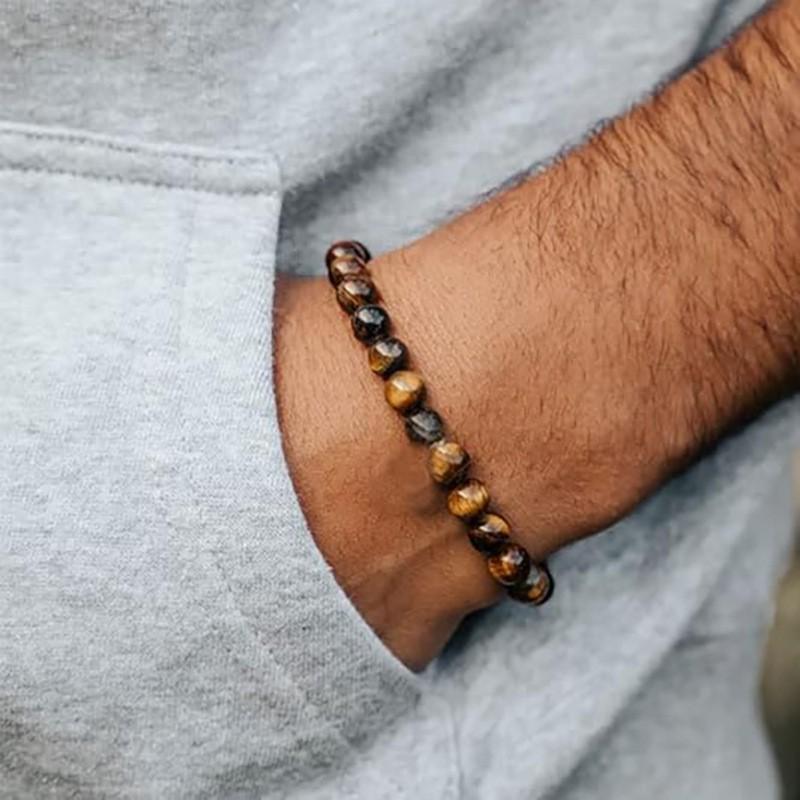 Mens 8mm Natural Stone Beaded Bracelet Geometric Minimalist Design Handmade Polished Volcanic Rock Agate Lapis Lazuli