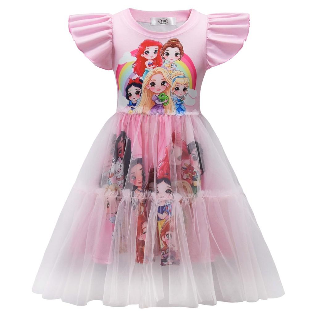 98031 Kids Girls Princess Snowwhite Round Neck Mesh Dress 110 розовый