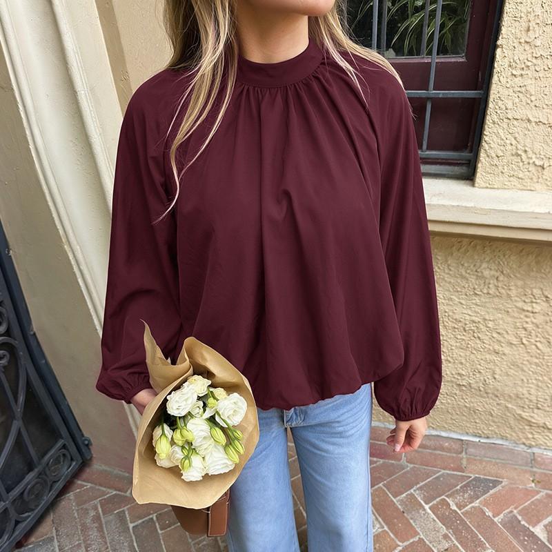 Womens Loose Long Sleeve Blouse With Back Tie Cutout Detail Semi-High Neck Winter 2026