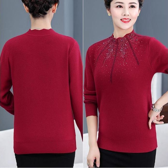 Women's Plus Size Sweater Winter Half-Turtleneck Solid Color Rhinestone Knit Pullover Sweater