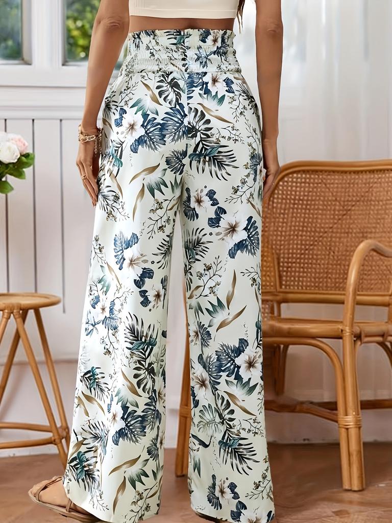 Women's High-Waisted Floral Print Wide-Leg Pants, Casual Loose-Fit Trousers for Summer