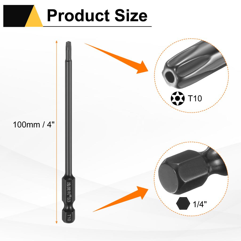 6pcs T6-T40 Torx Screwdriver Bit 1/4" Hex Shank 75mm/100mm S3 Steel Magnetic Tamper Proof Star 6 Point Head Hex Screw Driver Bit