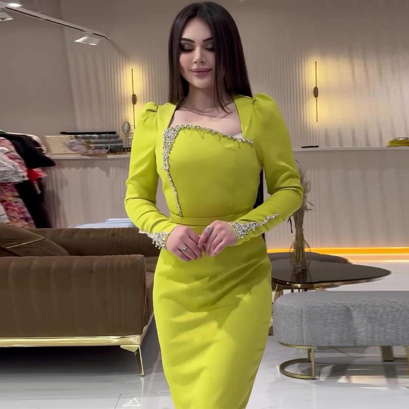 2024 Autumn European & American Luxury Diamond-Embellished Women's Color Square Neck Dress