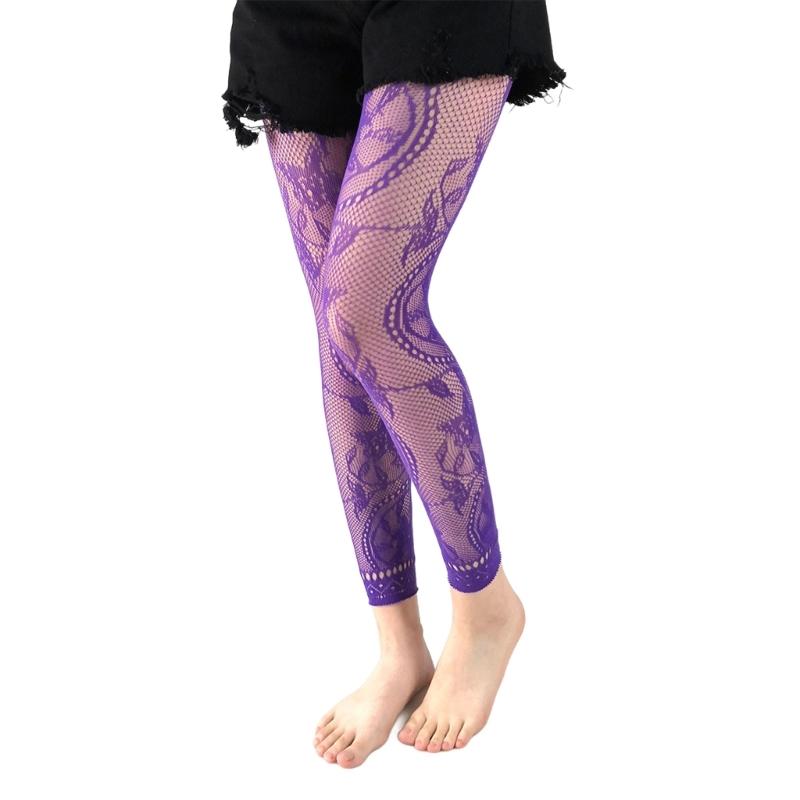 Women High Waist Fishnet Footless Leggings Floral Pattern Footless Tights Hollowout Sheer Mesh Ankle Pantyhose Hosiery