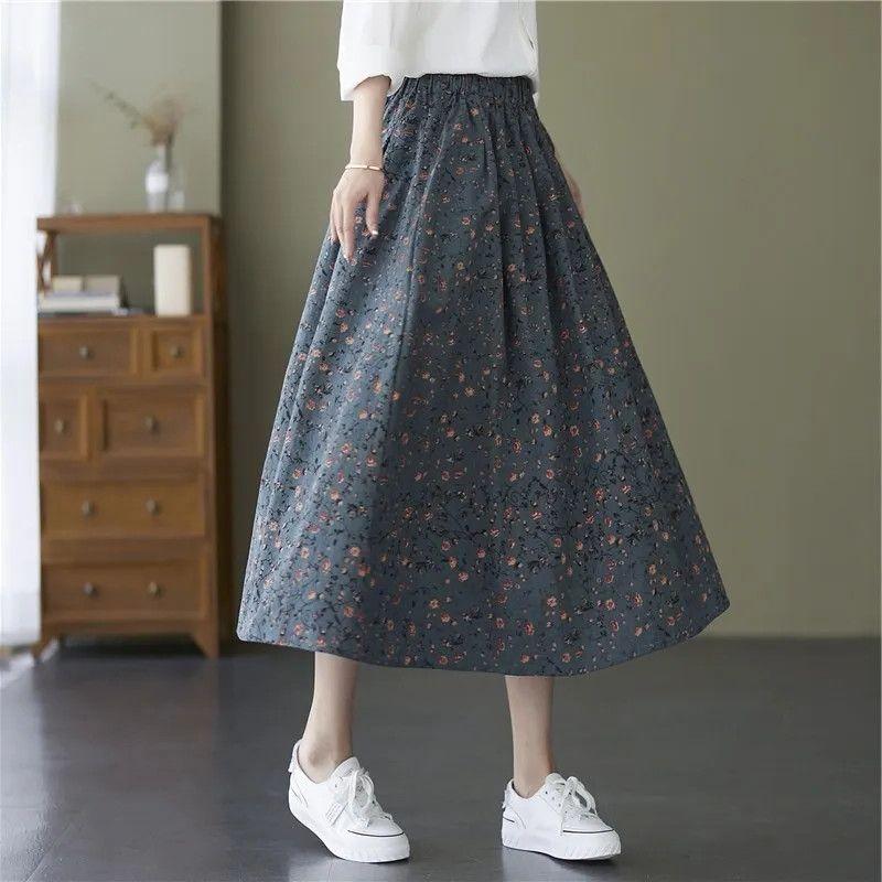 Artistic Retro Ethnic Style Small Floral Half Skirt Plus Size Women's Printed Medium Long A-line Skirt Summer