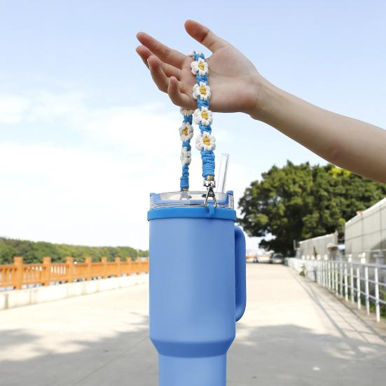 Water Bottle Handle Strap Handmade Flower 16-40oz Tumbler Silicone Safety Ring Cotton Rope Flower Sling Holder Carrier Lanyard Cup Accessories