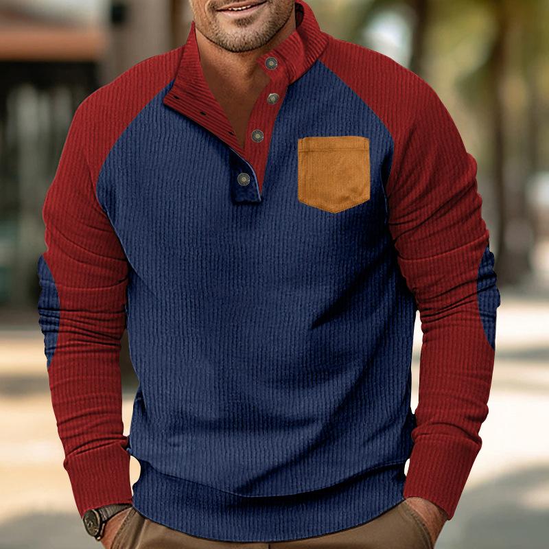 Spring and Autumn Men's Outdoor Casual Stand Collar Loose Corduroy Color Pullover Hoodie