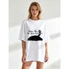 Schwarzes Oversized-T-Shirt mit Katzen- und Textdruck für Freizeitkleidung