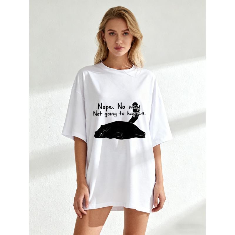 Black Oversized T-Shirt With Cat And Text Print For Casual Wear
