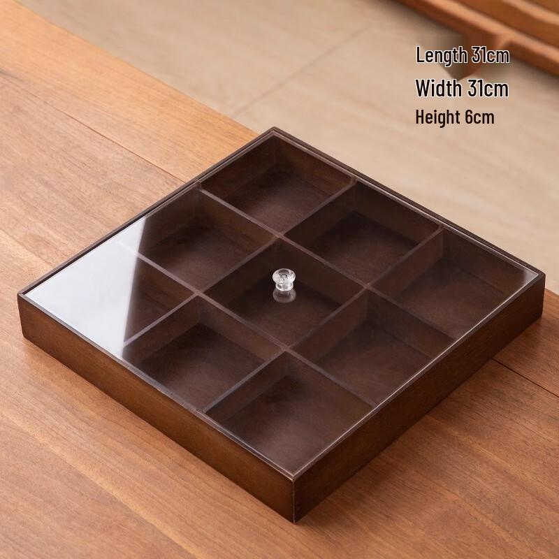 Nine-Grid Bamboo Snack Tray with Dust Cover