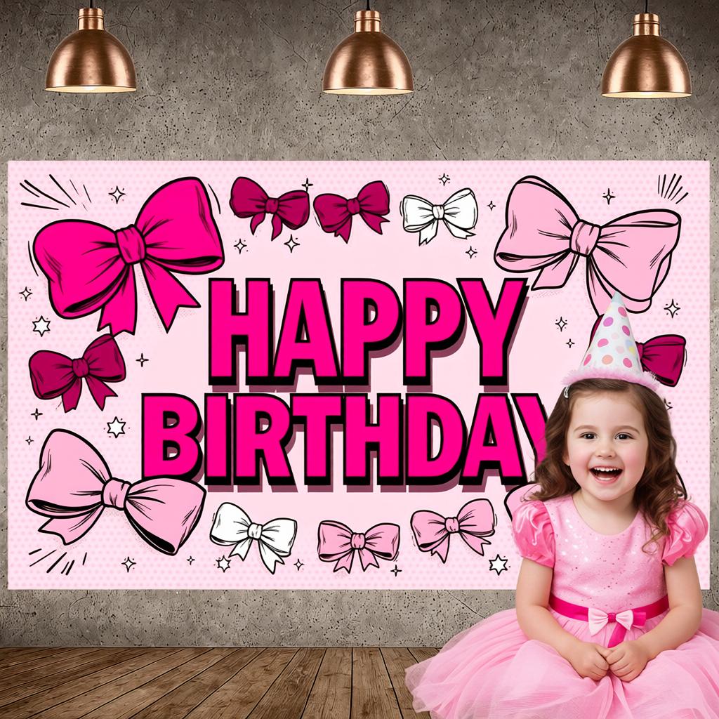 Cute Birthday Banner Dark Red Bow Decor Pink Birthday Banner Girls Birthday Banner Lettering For Kids Celebration