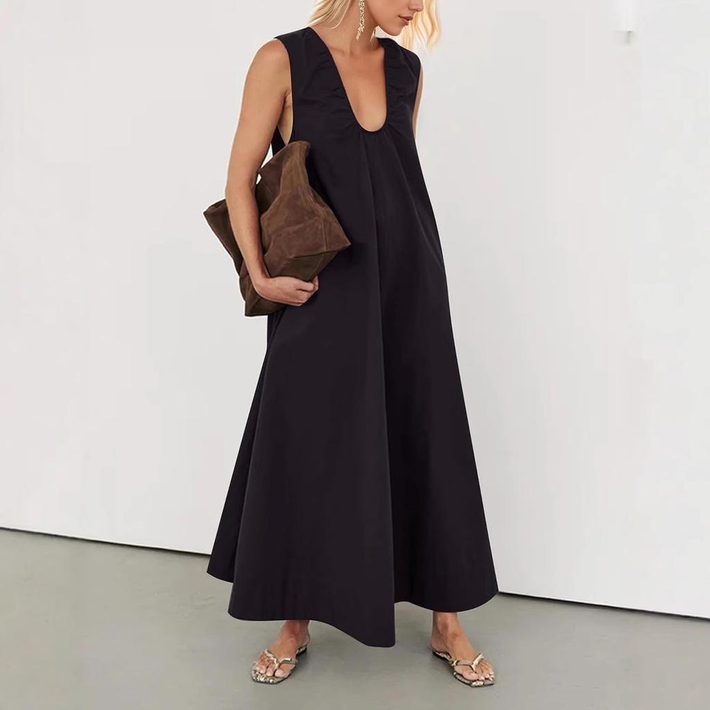 Black Deep V Neck Sleeveless Maxi Dress with Ruffle Detail, Elegant Flowy A-Line Skirt