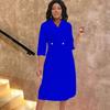 Large size women's clothing autumn and winter new suit collar solid color temperament pleated dress