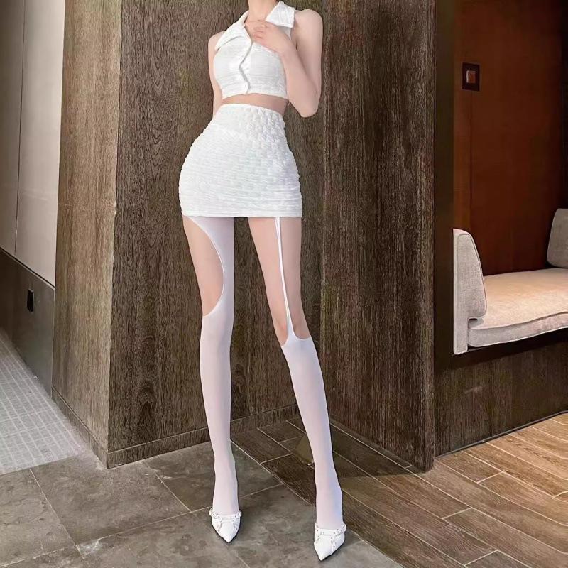 Millennium Spice Girl Y2K Personality Ripped Black Silk Asymmetrical Suspender Socks Hollow Ultra-thin Integrated Socks