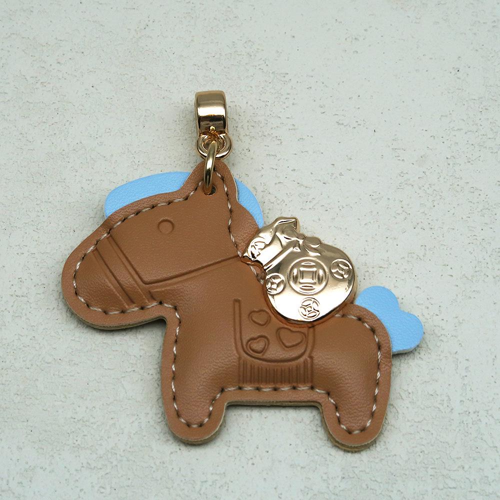 Handmade Genuine Leather Horse Keychain with Anti-Lost Lanyard and Woven Rope.