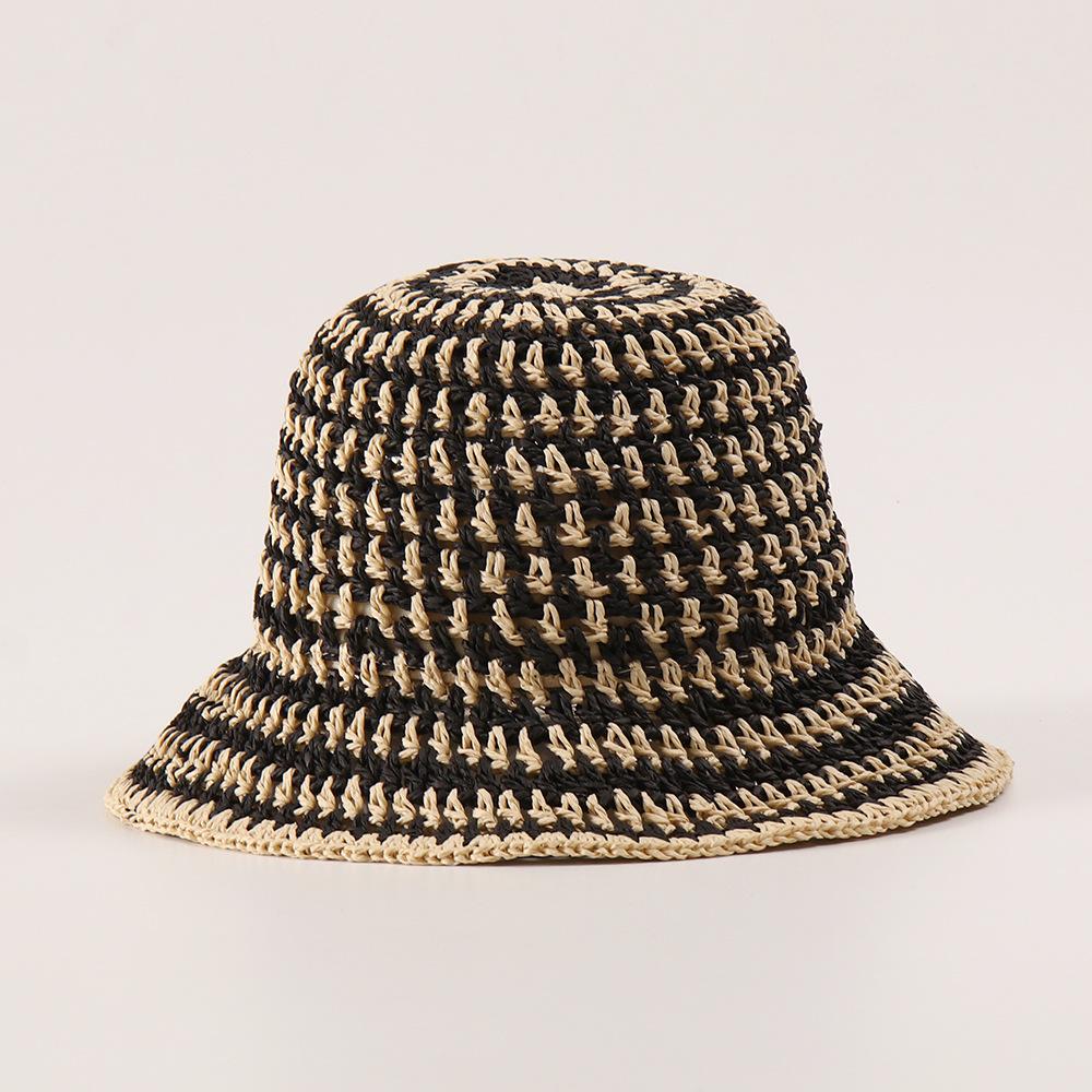 

2026 New Handwoven Bucket Hat for Women, Elegant Striped Straw Cap, Travel Sun Hat Summer чорний
