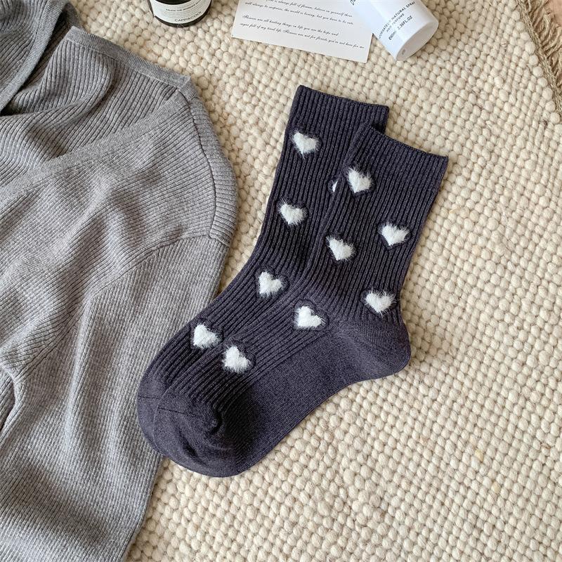 New Flocked Love Imitation Cashmere Socks Vertical Bar Mid-Leg Socks Thickened And Warm, Solid Color Simple Stacked Socks