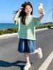 2026 Summer Striped Letter T-Shirt & Color Block Jean Shorts Set for Girls