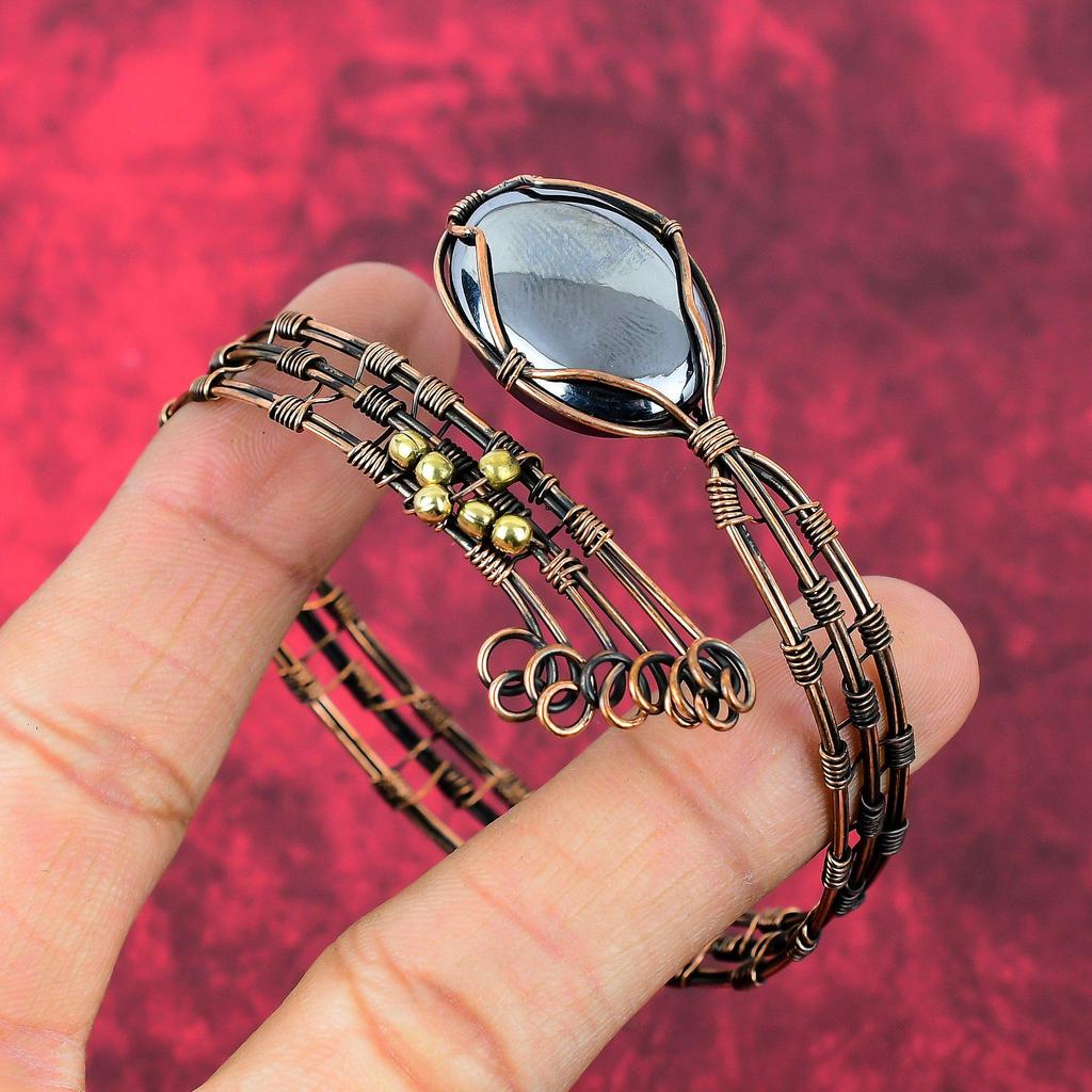 Shungite Bangle Copper Wire Wrapped Adjustable Cuff Bracelet Elegant Jewelry Copper Wire Wrap Bangle Handmade Gemstone Jewelry Gifts For Her