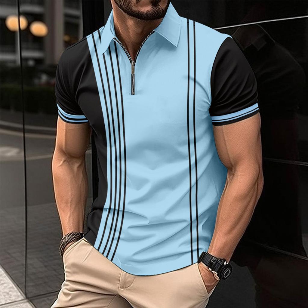 Men's Casual Polo Shirt Striped Short Sleeve T-Shirt Men's Breathable Top Commercial Zipper lapel Street Casual Wear