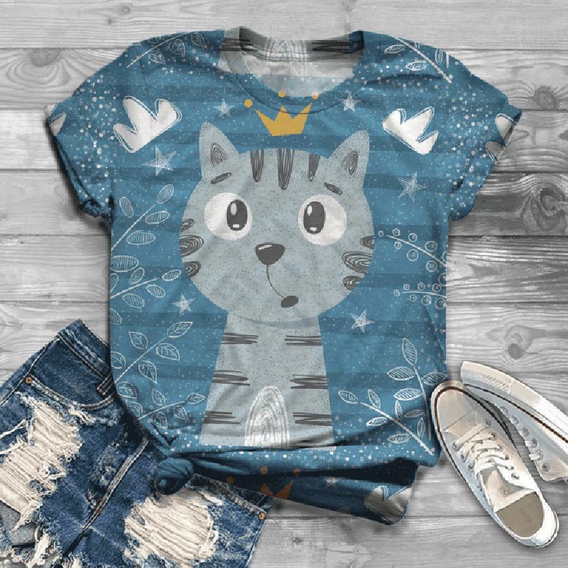 Vintage Damen T-Shirt Cartoon Kätzchen Harajuku Kleidung Lässige Kurzarm T-Shirts Sommer Damen Pullover Locker Streetwear