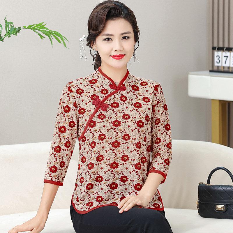 

Spring-Summer Floral Qipao Collar Women s Three-Quarter Sleeve Top 5XL