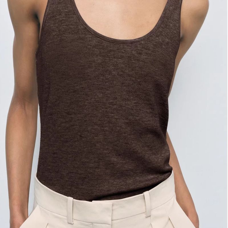 Brown French Style Knitted Women Clothes Shoulder Strap Cotton T-shirt Cami Sexy White Inner Wear Women Clothes U Collar