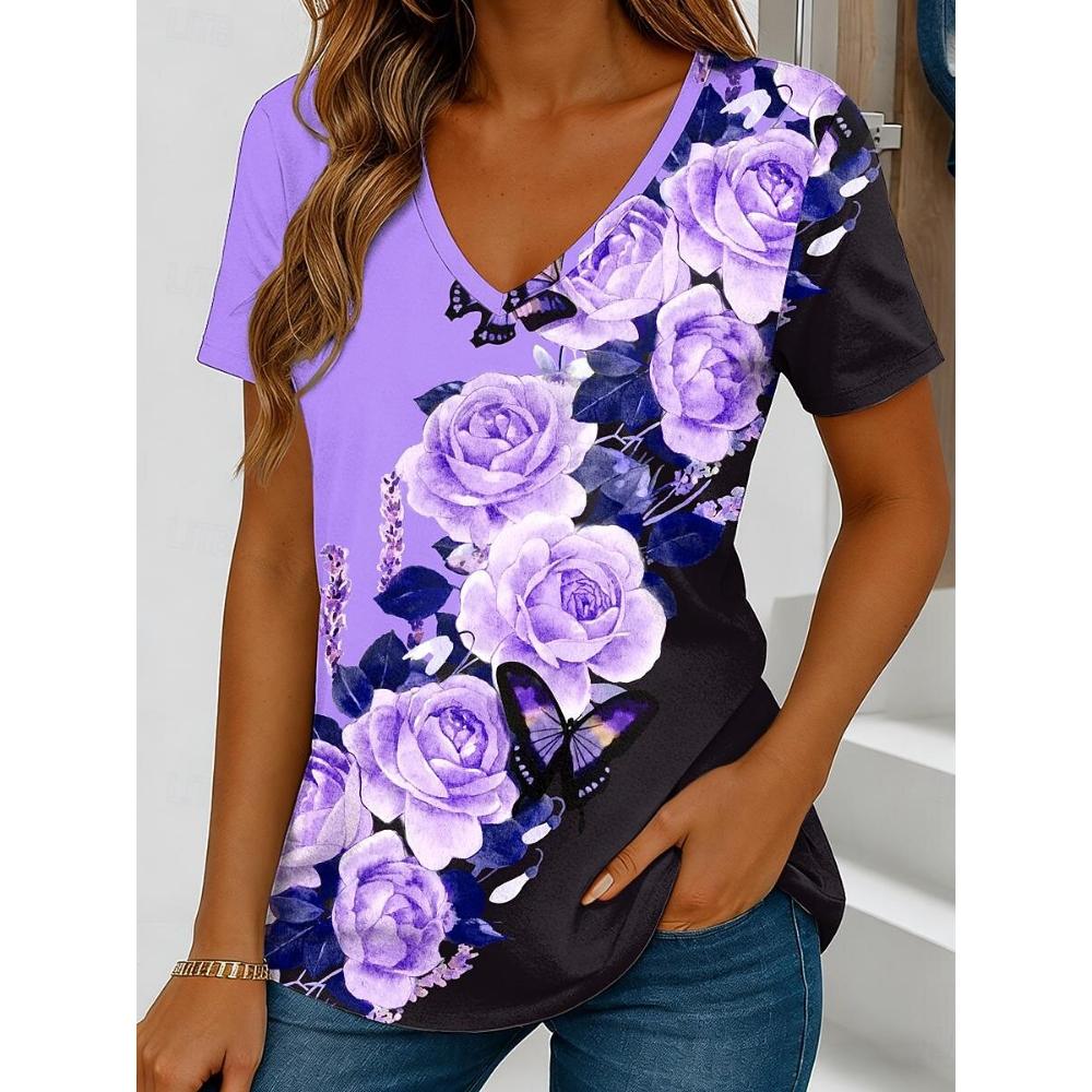 Women's Color Block Floral Print T-Shirt, Vintage V-Neck Short Sleeve, Blue Pink Purple Green, Spring Summer