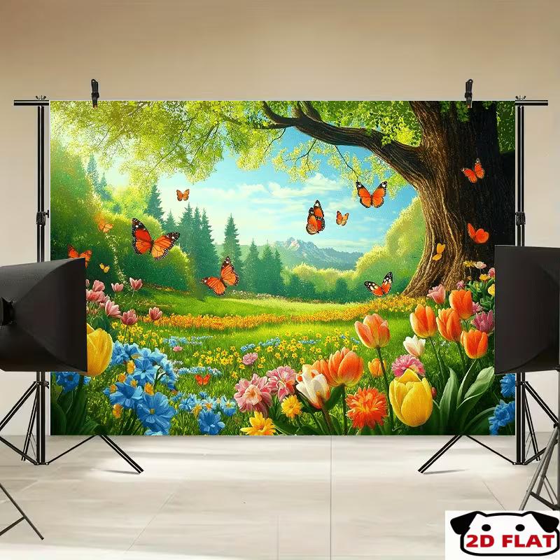2D Summer Nature Background, Vibrant Flower Meadow & Butterflies Themed Party Backdrop