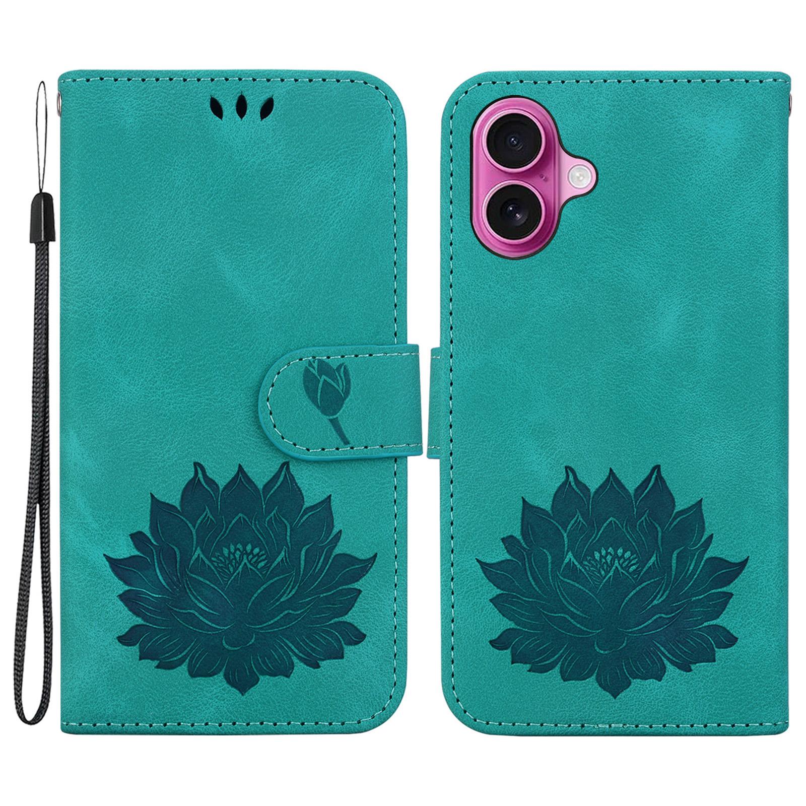 

For iPhone 16 Plus Phone Case Lotus Imprint Leather Stand Wallet Cover Green