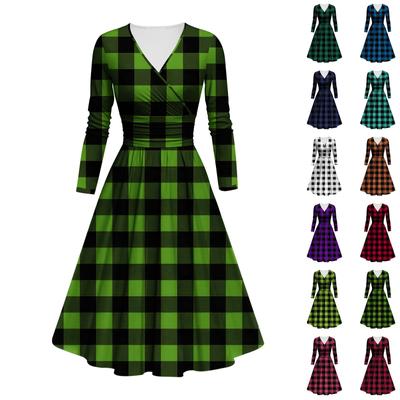 Women's Fashion V-neck Ruffled Long Sleeve Plaid Print Slim Fit Dress Casual Dress