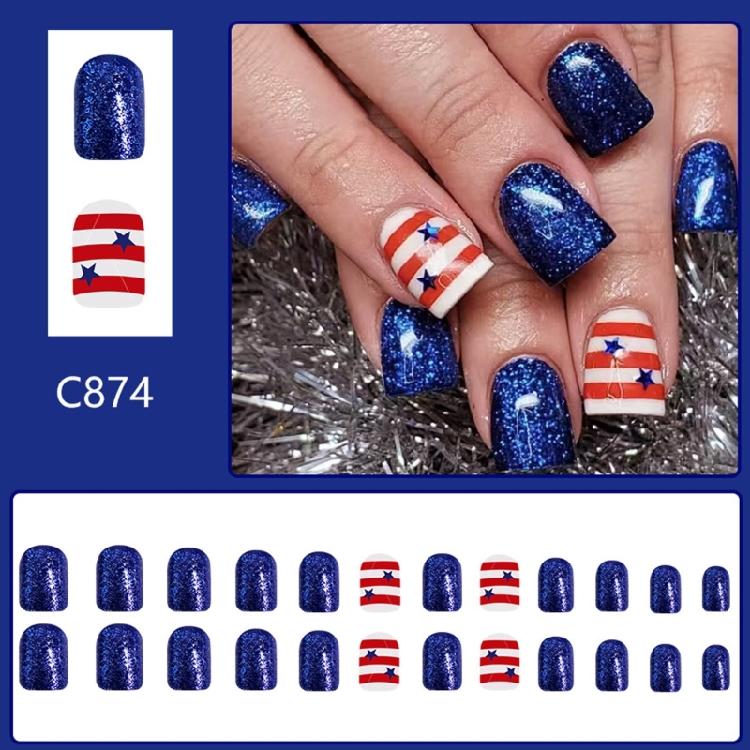 Square False Nail French Tip Press on Nail Full Cover Fake Nail Independence Day Glues on Nail Patriotic False Nail
