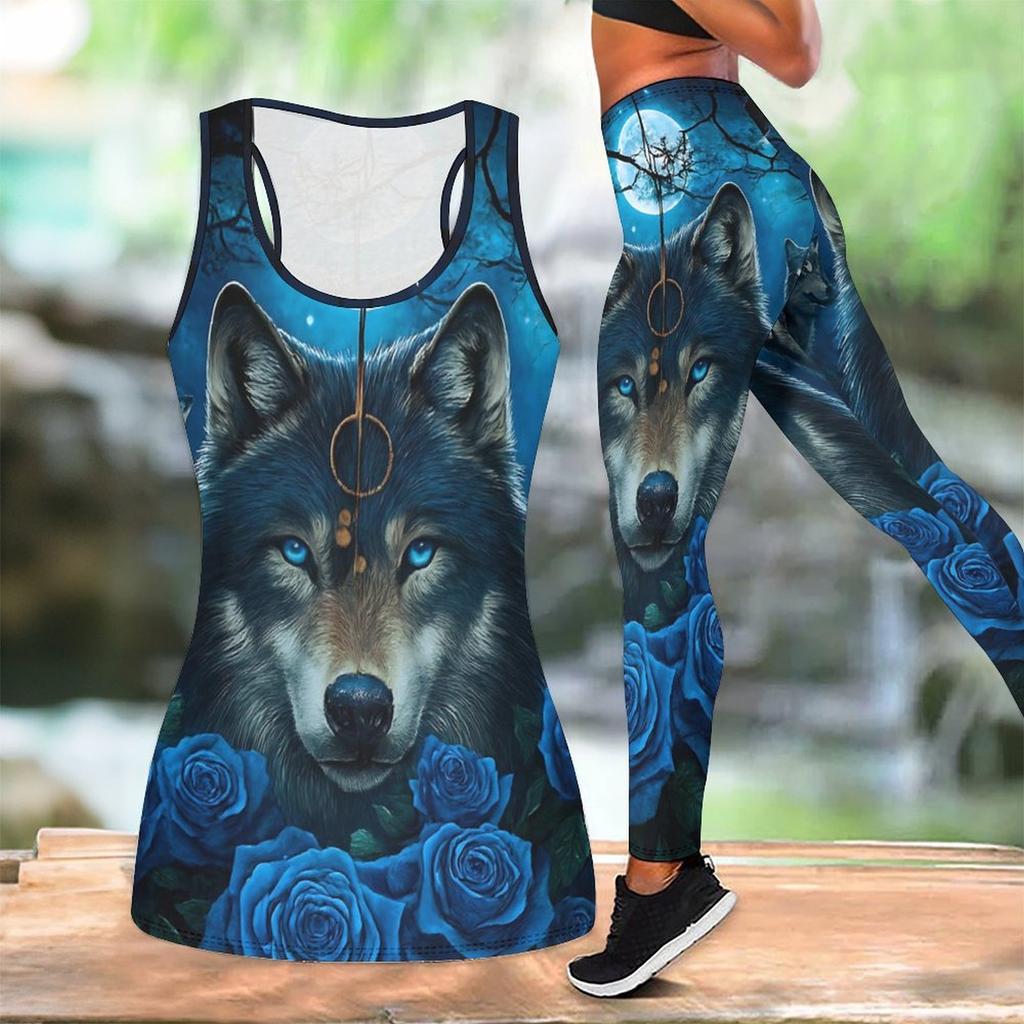Cunning Wolf Pattern Print Yoga Outfit for Women Fashion Workout Leggings Fitness Sports Casual Yoga Set Sports Suit