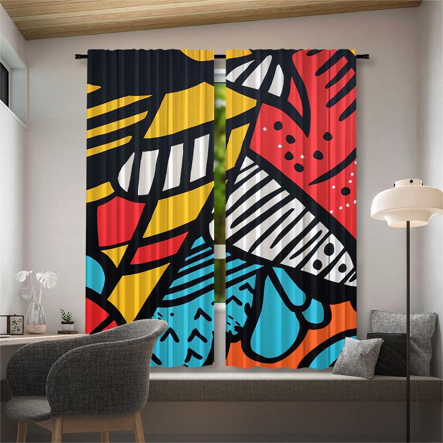 2 Pcs Geometric Graffiti Print Curtains,suitable for Bedroom,living Room Kitchen Decoration,home Decoration,window Decoration