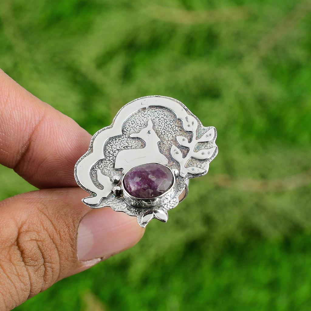925 Sterling Silver Natural Thulite Bezel Stackable Daughter Ethnic Ring Jewelry