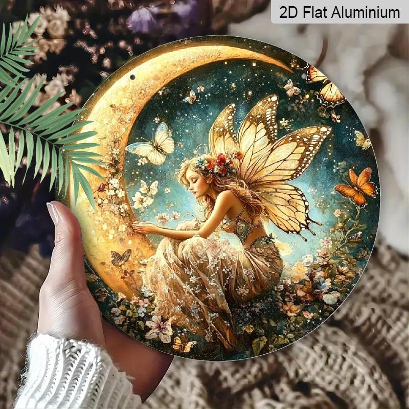 2D Flat, 1pc Enchanted Fairy On Crescent Moon Aluminum Wall Art - Whimsical Butterfly Amp; Floral Design, HD Printed Round Metal Sign for Home Decor