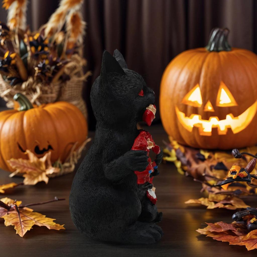 Black Cat Statue Halloween Decorative Holiday Statue Decorative Cat Eating Dwarf Figurine For Display Cabinet Nightstand Dining