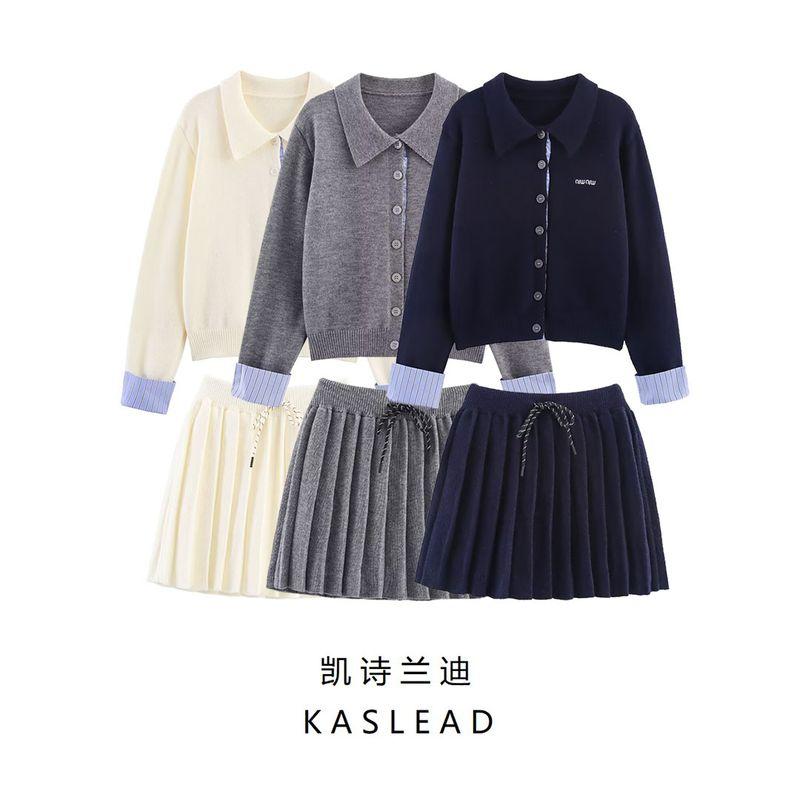 Kaslead New Women Clothes Western Style Fashion Simple Embroidered Knitted Long Sleeve Top Skirt Set