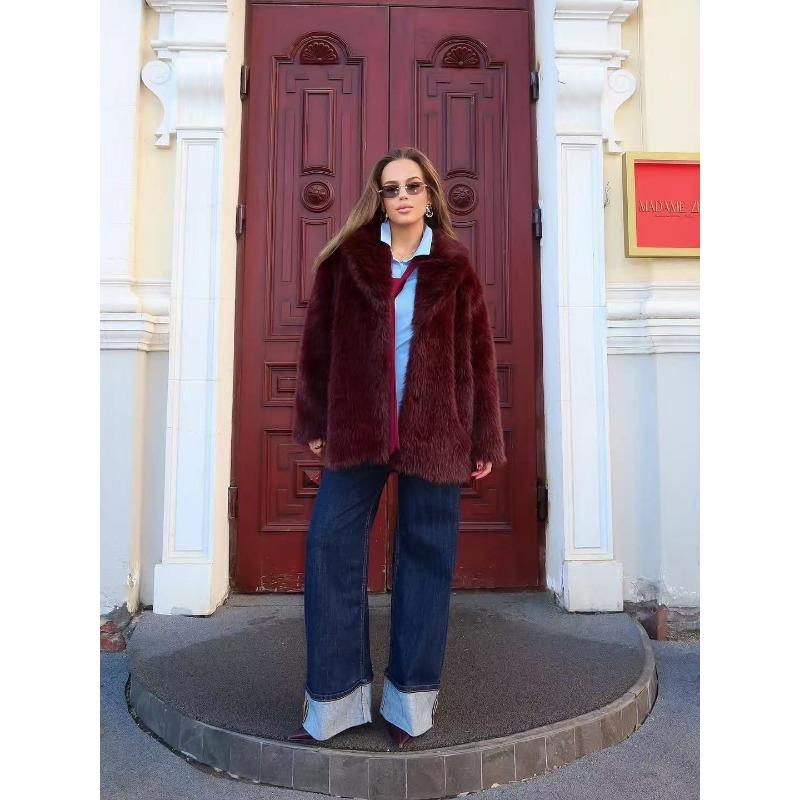 Women's Pink Faux Fur Coat Lapel Mid-Length Warm Winter Outerwear