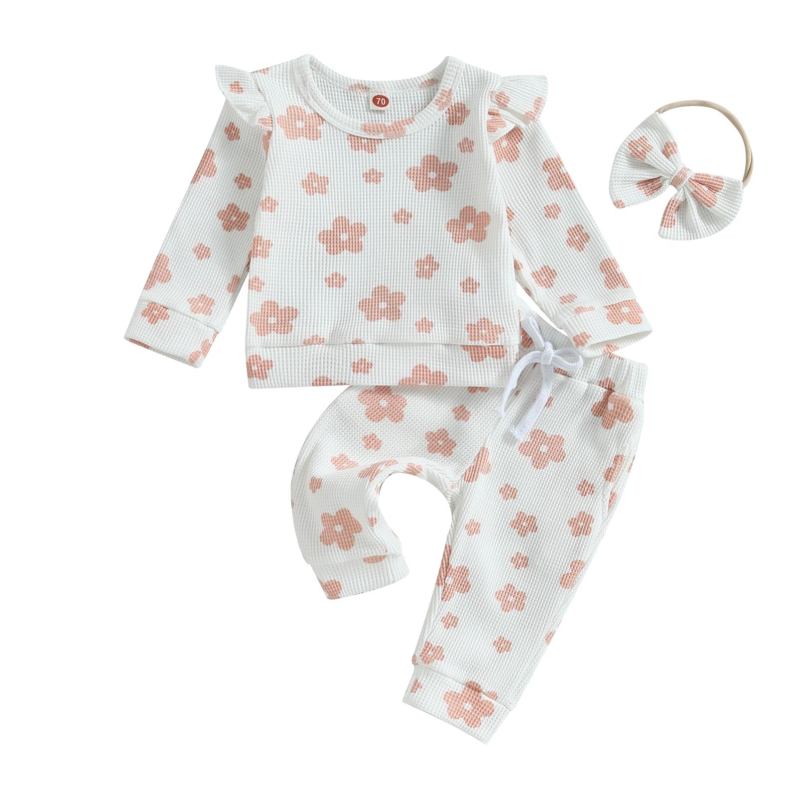 

Комплекты брюк из 3 предметов для маленьких девочек, топы с цветочным принтом и длинными рукавами, брюки с завязками, комплекты с повязкой на голову 0-6 Months белый