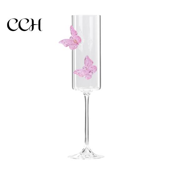 Butterfly Wine Glass Champagne Flutes with 3D Pink Decoration Wedding Glasses Faux Crystal Party Anniversary